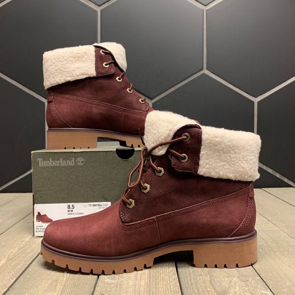 New Womens Timberland Jayne Fleece Boots Burgundy - Picture 2 of 6